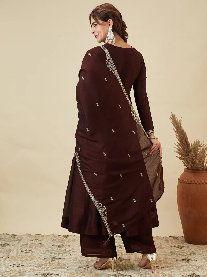 Elegant Brown Embroidered Anarkali Suit for Women – Premium Festive Wear