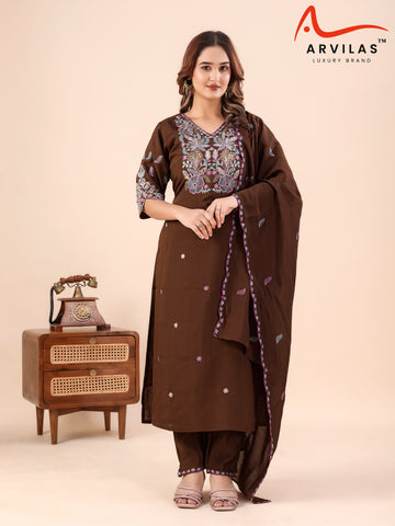 Women's Premium Embroidered Cotton Kurta Pant Dupatta Set | Elegant Ethnic Wear