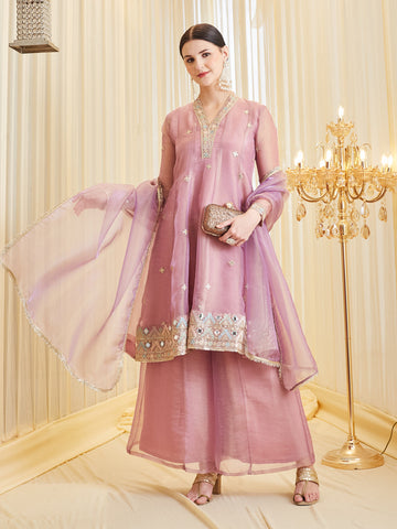 Lavender Silk Embroidered Anarkali Kurta With Dupatta Set for Women