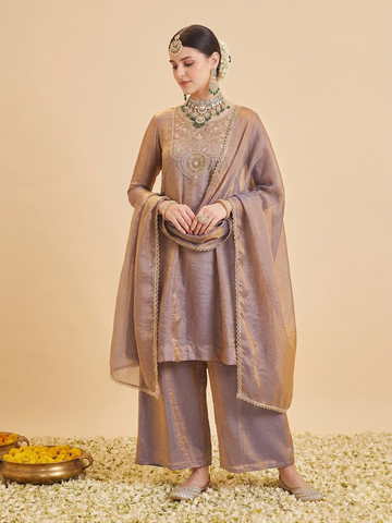Purple Silk Embroidered Anarkali Style Kurta Set With Dupatta For Women