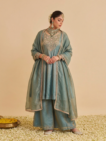 Blue Silk Embroidered Flared Kurta Palazzo Suit With Dupatta For women