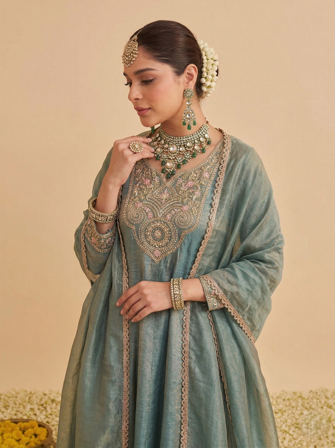 Blue Silk Embroidered Flared Kurta Palazzo Suit With Dupatta For women