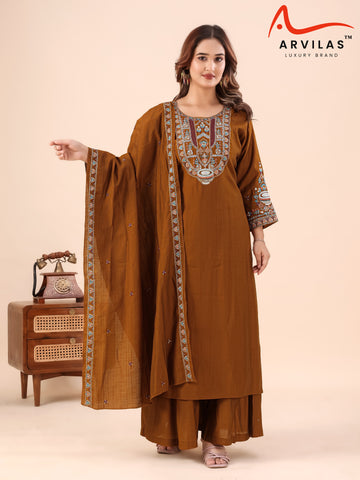 Elegant Brown Embroidered Kurta and Palazzo Set with Matching Dupatta