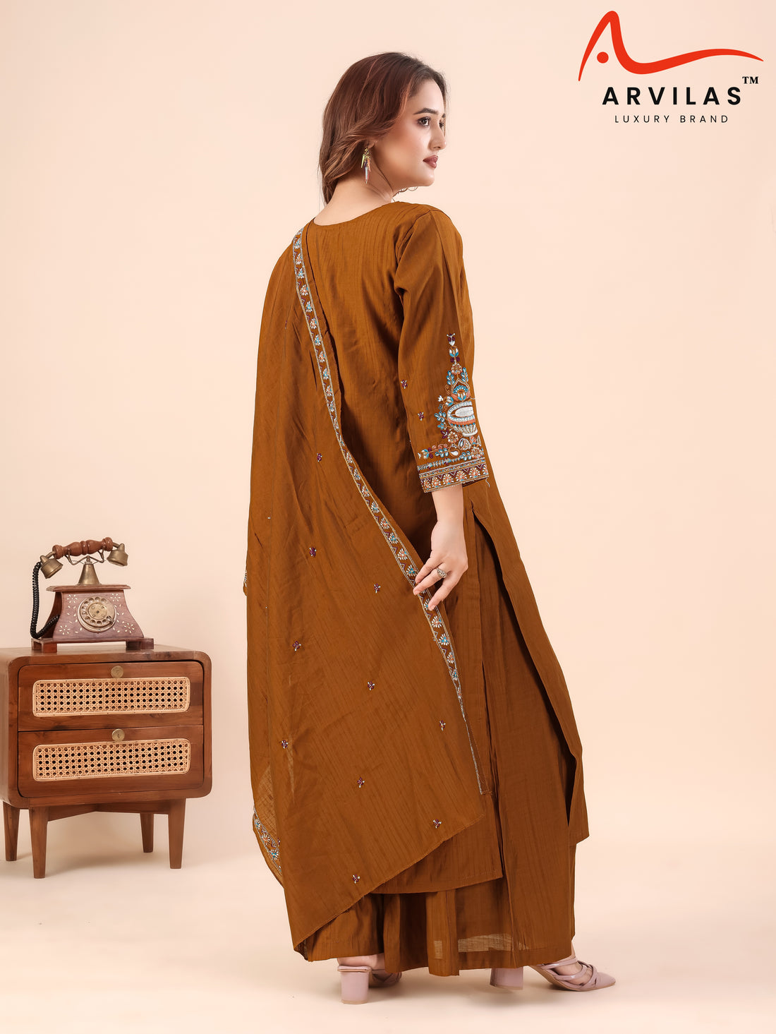Elegant Brown Embroidered Kurta and Palazzo Set with Matching Dupatta