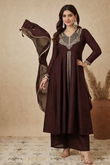Elegant Brown Embroidered Anarkali Suit for Women – Premium Festive Wear