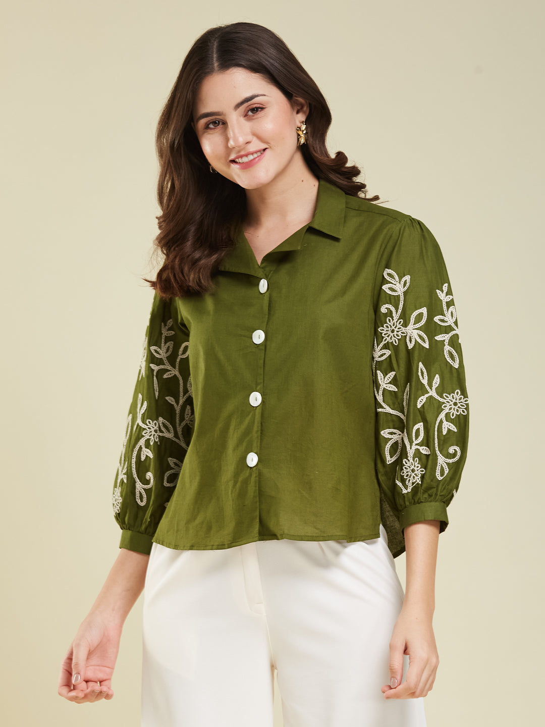 Green Cotton Embroidered Shirt for Women