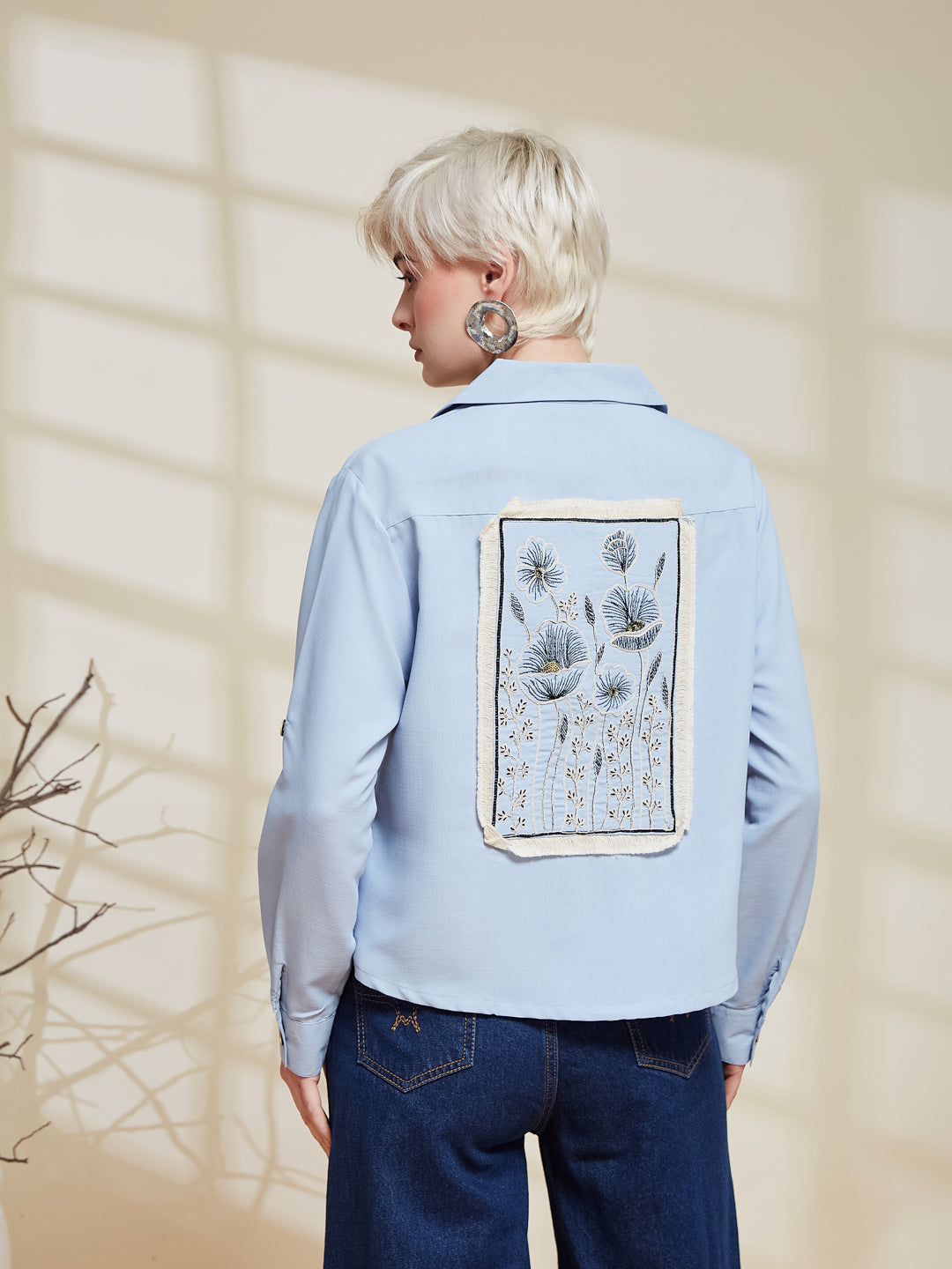Sky Blue Viscose Blend Embroidered Shirt for Women