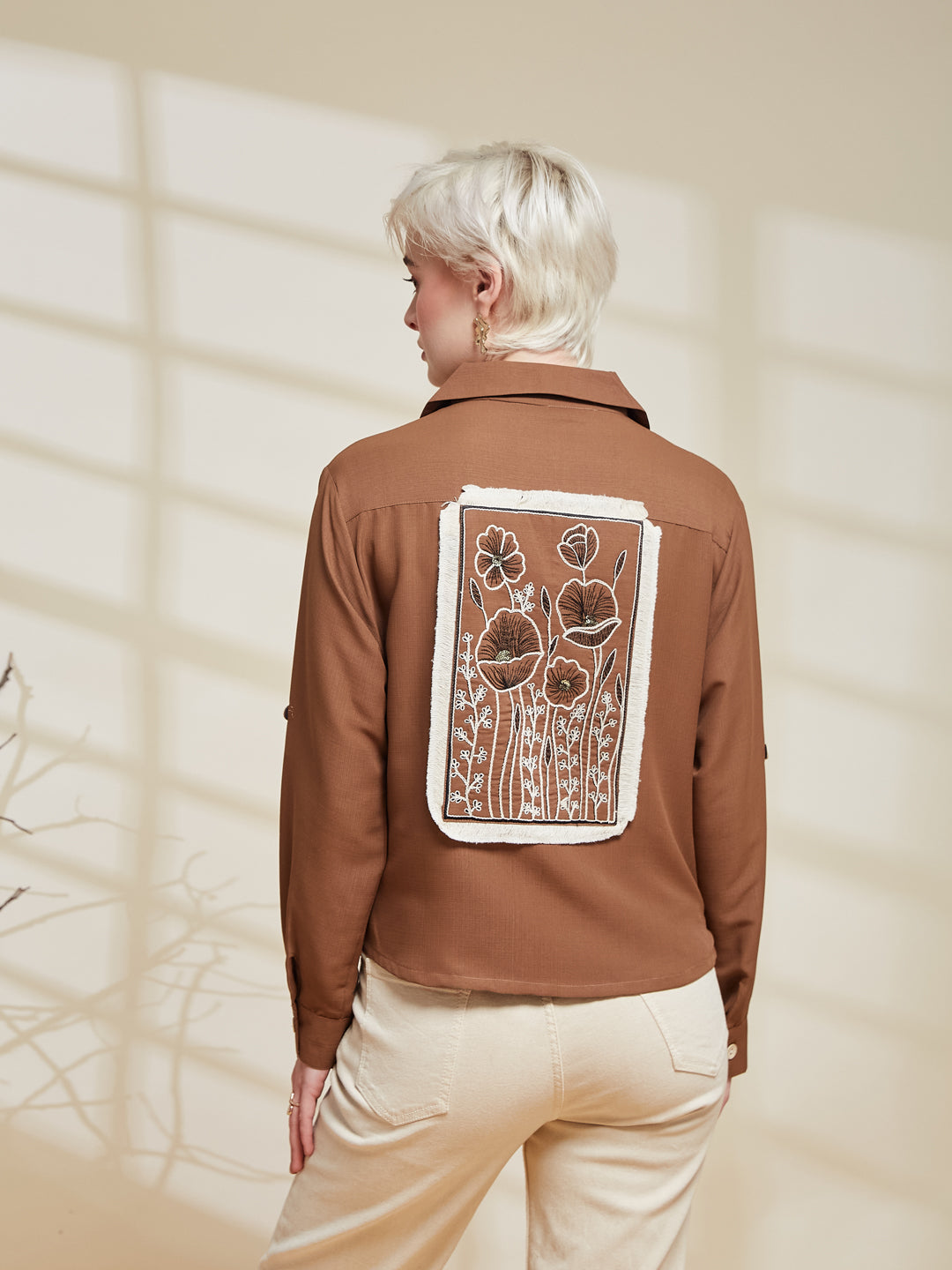 Caramel Viscose Blend Embroidered Shirt for Women