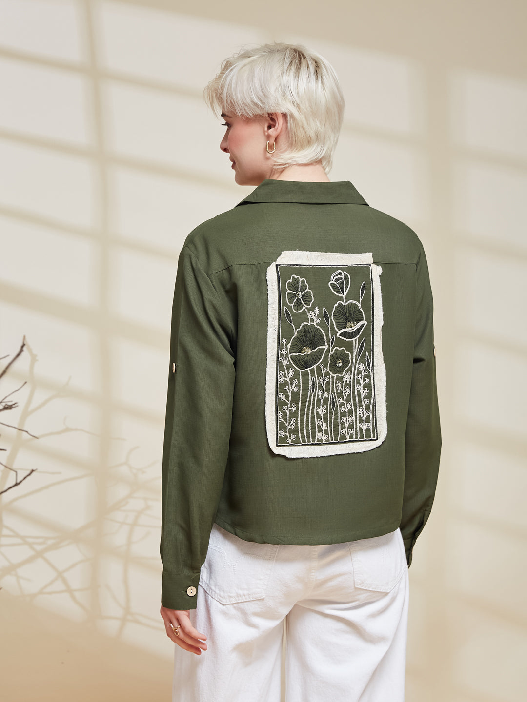 Olive Viscose Blend Embroidered Shirt for Women