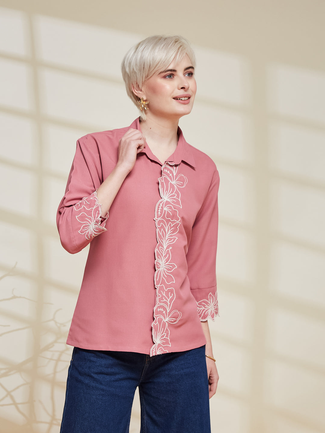 Pink Viscose Embroidered Regular Fit Shirt for Women