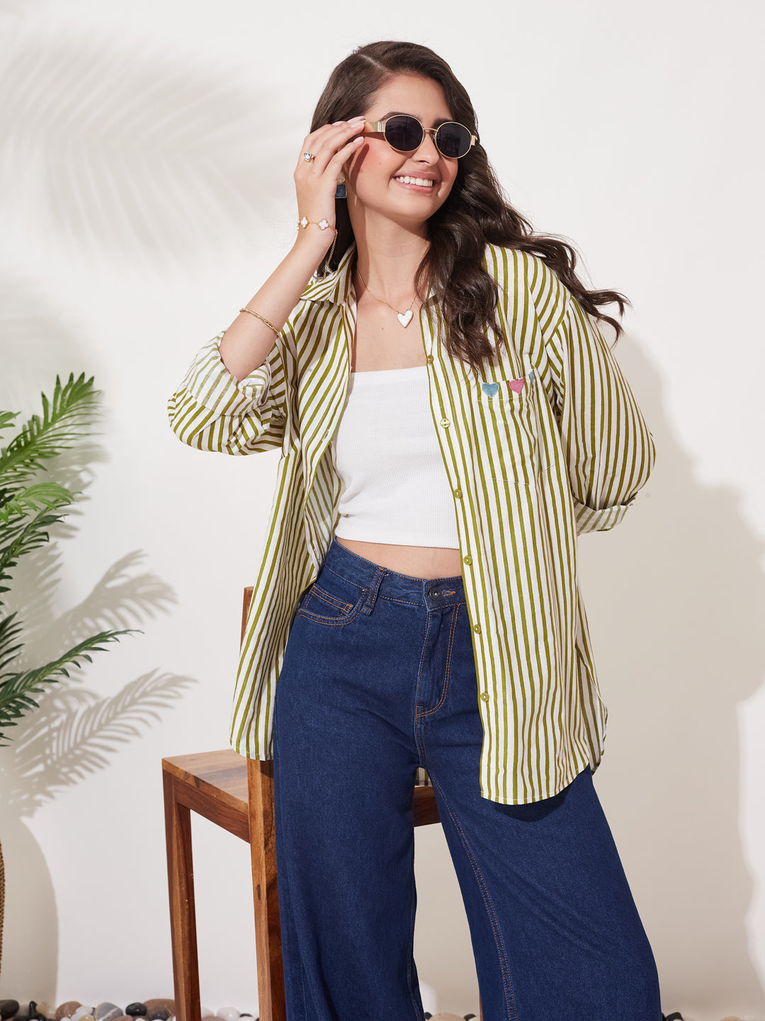 Casual Olive Cotton Oversized Striped Shirt for Women
