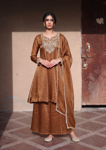 Brown Silk Embroidered Anarkali Kurta Palazzo Set with Dupatta For Women