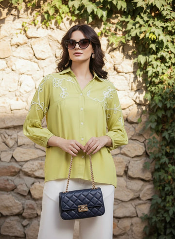 Designer Pista Embroidered Rayon Shirt for Women