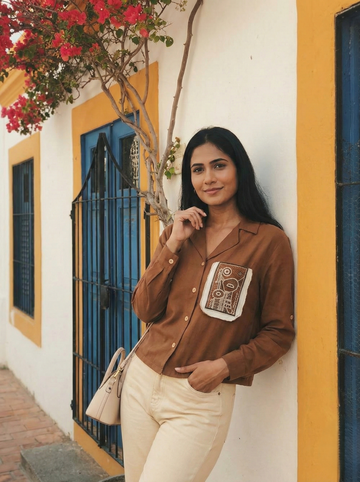 Caramel Viscose Blend Embroidered Shirt for Women