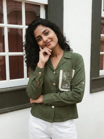 Olive Viscose Blend Embroidered Shirt for Women