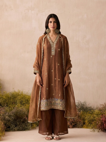 Coffee Silk Embroidered Anarkali Kurta With Dupatta Set for Women