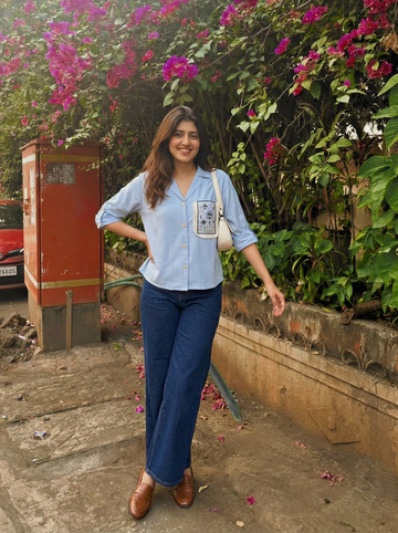 Sky Blue Viscose Blend Embroidered Shirt for Women