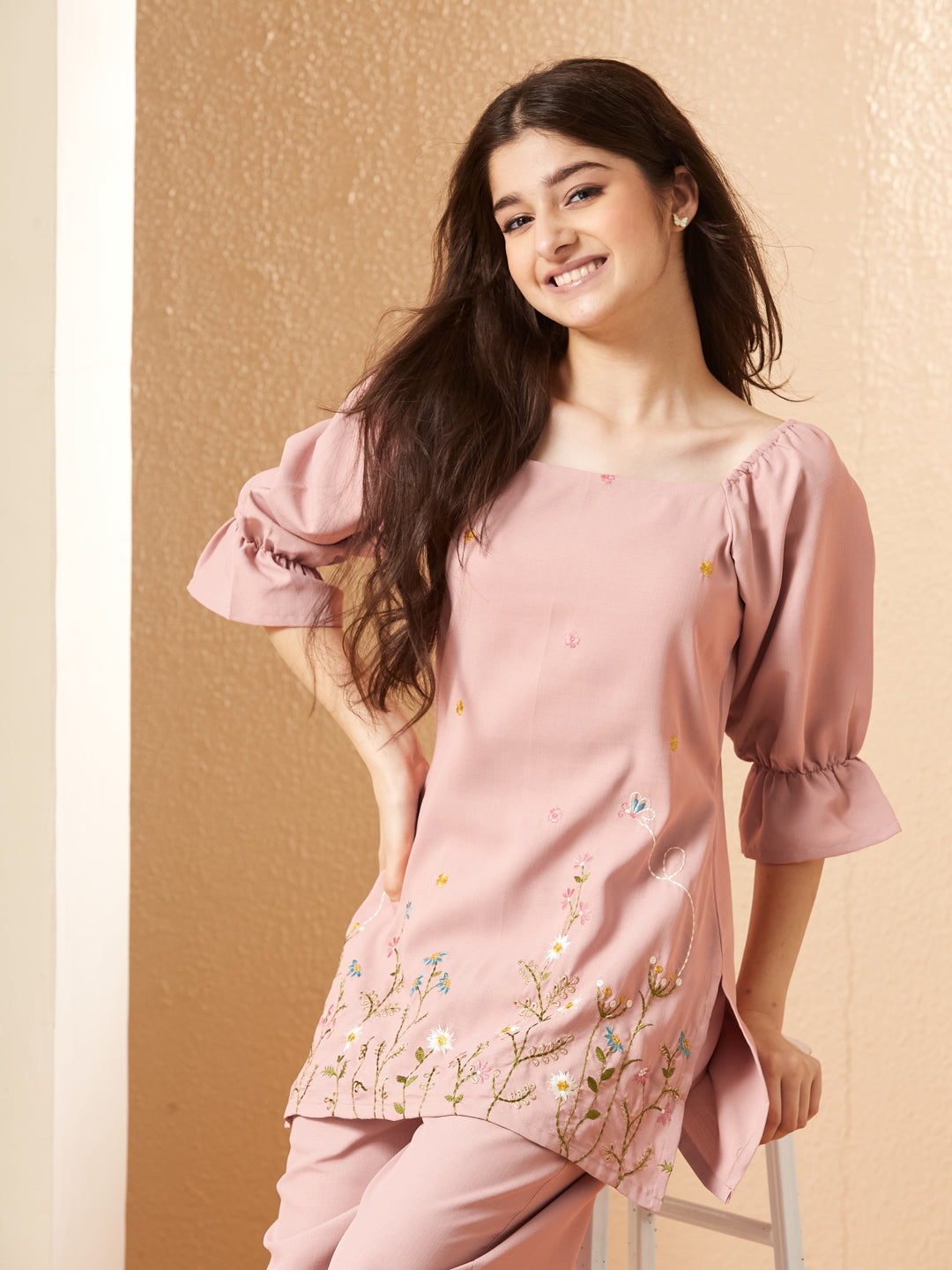 Pink Viscose Blend Embroidered Co-ords Set for Girls