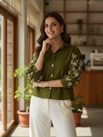 Green Cotton Embroidered Shirt for Women