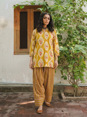 Women’s Mustard Cotton Floral Printed Kurta Pant Co-Ord Set