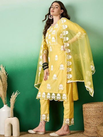 Women's Embroidered Kurta Pant with Organza Dupatta Ethnic 3 Piece Suit Set