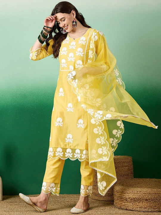 Women's Embroidered Kurta Pant with Organza Dupatta Ethnic 3 Piece Suit Set