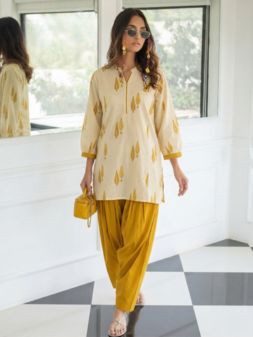 Women’s Yellow Cotton Ethnic Kurta Pant Co-Ord Set